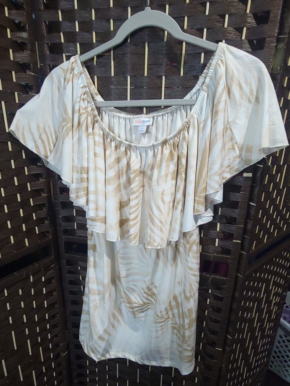LuLaRoe Beige and White Off-Shoulder Ruffle Top